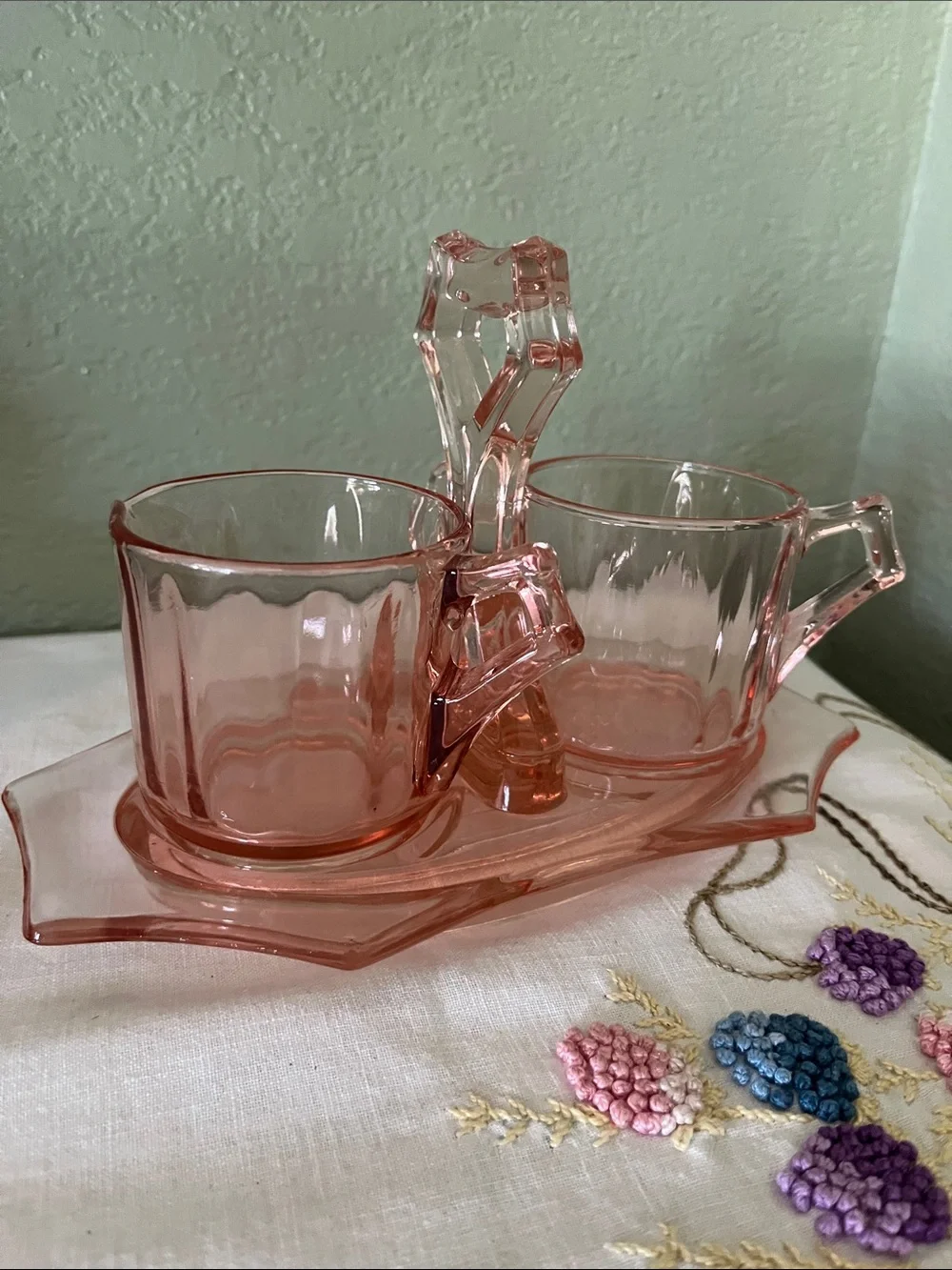 Cambridge Marked #622 Decagon Pink Depression Glass Sugar Creamer Tray 1930